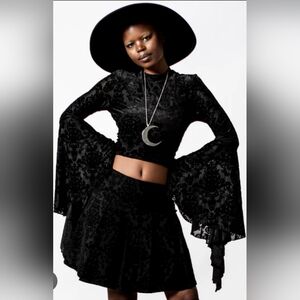 Killstar Black Bell Sleeve Crop Blouse with Mock Neck and Tie Front